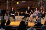 Moderator Jacqueline Keeler (left) leads a conversation with playwrights Larissa FastHorse, DeLanna Studi and Mary Kathryn Nagle during an event sponsored by Advance Gender Equity in the Arts at the Old Church in Portland.