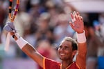 Rafael Nadal celebrates his victory over Marton Fucsovics during the men's singles tennis competition at the 2024 Summer Olympics on July 28, 2024, in Paris. Nadal has announced he will retire from tennis following the Davis Cup finals in November.