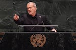 Iran's President Masoud Pezeshkian speaks during the 81st session of the United Nations General Assembly at United Nations headquarters, Wednesday, Sept. 23, 2026.