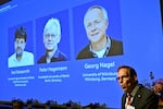 Karl Deisseroth, Peter Hegemann and Georg Nagel are shown on the screen as they are awarded the 2026 Nobel Prize in Physiology or Medicine, as announced during a press conference at the Nobel Forum at Karolinska Institutet in Stockholm, Sweden, Oct. 5, 2026.