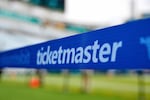 FILE - The Ticketmaster logo is seen along the sideline of the field before an NFL football game, Sept. 15, 2024, in Jacksonville, Fla.