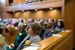 Lawmakers including Sen. Janeen Sollman, Deb Patterson, James Manning Jr. and Wlnsvey Campos listen as Gov. Tina Kotek delivers her State of the State address on Monday, Jan. 13, 2025.