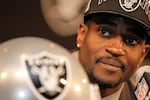 D.J. Hayden, the Raiders' first round draft pick in 2013, cornerback from Houston, is pictured during a news conference that year. Hayden and two of his former teammates died in a car wreck on Saturday.