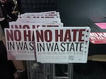 No Hate in WA State yard signs for the campaign against two Let’s Go Washington ballot initiatives.