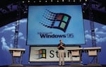 Bill Gates announces Windows 95 at a press event held in Redmond, Washington in 1995.