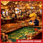 This AI-generated image shows a Lego-like version of President Trump holding two dice while standing at a casino's gambling table.