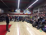 Oregon Congressman Greg Walden addresses a crowd of thousands in Bend.