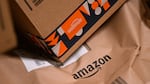 A photo shows an Amazon package in a facility in Horn-Bad Meinberg, western Germany, in December 2024.