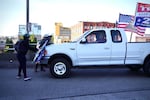 A man uses a truck to drive into and through anti-fascist counterprotesters at a pro-Trump caravan through Portland, Ore., Aug. 29, 2020.