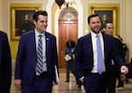 Former U.S. Rep. Matt Gaetz, who President-elect Donald Trump had nominated to be attorney general, walks alongside Vice President-elect JD Vance as they arrive for meetings with senators at the U.S. Capitol on Nov. 20, 2024 in Washington, DC.