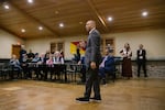 House Minority Leader and Leader of the House Democratic Caucus, Hakeem Jeffries, speaks to campaign volunteers for Susan Wild, the US Representative for Pennsylvania’s 7th District, at the Italian Center in Williams Township, Pennsylvania, on Thursday, October 10, 2024.