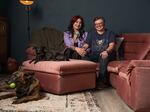 Lauren Tuvell and James Watts with their dogs Xena and Desi in their home in Downtown Las Vegas on Sept. 24, 2024.