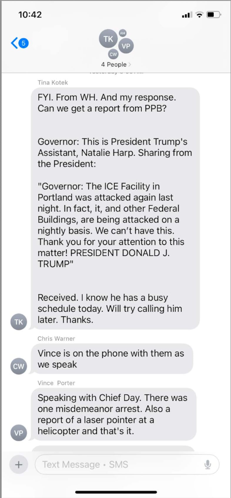 A screenshot of text messages between President Donald Trump, his top staff and Oregon Gov. Tina Kotek detailing the justification for mobilizing National Guard troops.