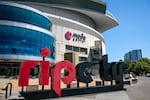 The “rip city” sign is seen with a missing “i” in front of the Moda Center in Portland, Ore., Aug. 19, 2025. 