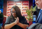 FILE - Janelle Bynum speaks to supporters at her election night party at Portland Cider Co. in Clackamas, Ore., May 21, 2024. Bynum faces incumbent Rep. Lori Chavez-DeRemer in Oregon's 5th Congressional District, a closely watched contest that could affect the balance of power in Congress.