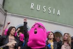 Pussy Riot and FEMEN activists protest Russia's presence after its absence following the 2022 invasion of Ukraine in front of the Russian pavilion at the 2026 Art Venice Biennale in Venice, Italy, on May 6, 2026.