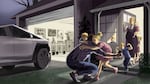 An illustration of a father hugging two of his six children as his pregnant wife waves to him. A Tesla Cybertruck is parked in the driveway, and the garage has bodybuilding posters, exercise equipment and a statue of Friedrich Nietzsche.