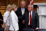 Ukrainian parliament members Yevheniia Kravchuk and Anastasiia Radina, from left, meet with Wisconsin Republican Sen. Ron Johnson and Republican Sen. Lindsey Graham of South Carolina before a meeting at the U.S. Capitol in Washington in June.