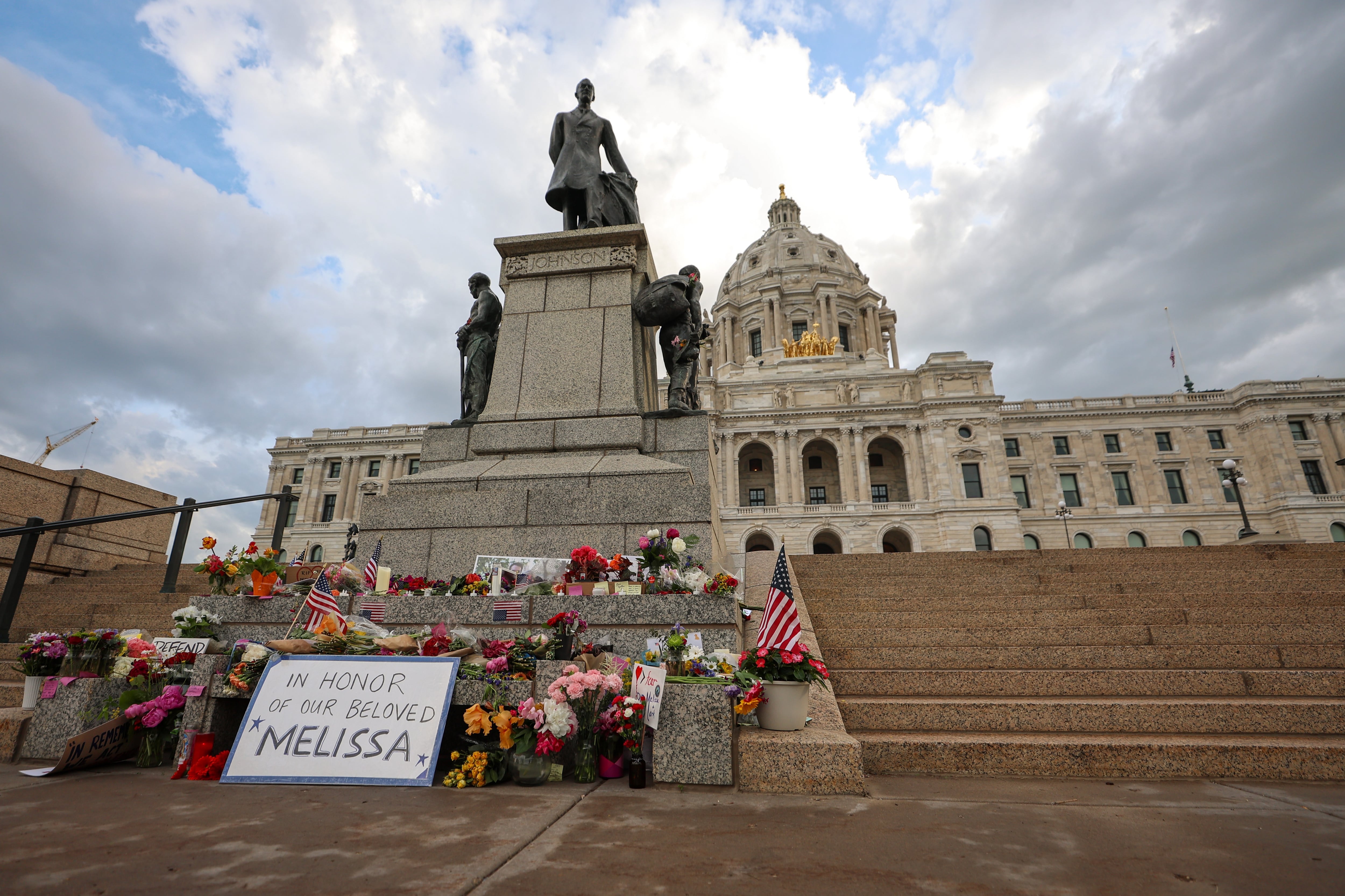 A makeshift memorial for State Rep. Melissa Hortman and her husband Mark Hortman is seen at the Minnesota State Capitol building on June 16 in St. Paul, Minn.