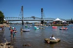 The 8th Big Float event, taking place in front of the Hawthorne Bridge at the Tom McCall Waterfront Park in downtown Portland, Ore., is hosted by the Human Access Project to encourage people to swim in the Willamette River. 