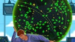 An illustration of a air traffic controller looking sweaty and tired while holding up a large, black globe mapping airplane flights.