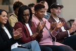From left, Vice President of Portland Fire Ashley Battle (maroon jacket) and Karina LeBlanc (in pink), who helps support strategic growth development for the team, attend a press conference for the Portland Fire WNBA team. LeBlanc is the former general manager of the Portland Thorns soccer team. She attended the press conference introducing the Fire's new head coach Alex Sarama.
