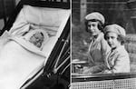Left photo (October 9, 1926): Princess Elizabeth is pictured in her baby carriage for her first outing. Right photo (October 9, 1938): Princess Elizabeth and Princess Margaret ride in a carriage with the King and Queen to attend a morning service in Scotland.