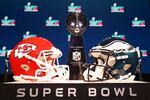A view of the Vince Lombardi Trophy and the helmets of the Kansas City Chiefs and the Philadelphia Eagles before a press conference for NFL Commissioner Roger Goodell at Phoenix Convention Center in Phoenix, Arizona.