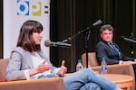 Marie Gluesenkamp Perez, the Democratic candidate in Washington state's 3rd Congressional District race, speaks at a debate moderated by OPB "Think Out Loud" host Dave Miller. 