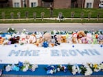 A memorial for Michael Brown Jr. stands on the site he was killed in 2014 by a white Ferguson police officer on Tuesday, Aug. 6, 2024, along Canfield Drive in Ferguson.