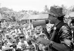 Colonel Sigifredo Ochoa Pérez, former commander of the counterinsurgency unit Destacamiento Militar 2 and current head of the Fourth Brigade, speaks at a public gathering in Sensuntepeque, El Salvador, September 1984.(Photo by Robert Nickelsberg/Getty Images)