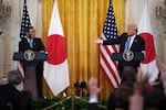 President Trump and Japanese Prime Minister Shigeru Ishiba hold a joint press conference at the White House, on Feb. 7. Ishiba, who took office in October, is the first Asian leader to visit Trump since he returned to the White House.
