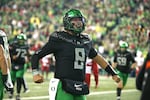 Oregon quarterback Dylan Raiola (8) celebrates a play during the second half of an NCAA college football game against Nebraska, Saturday, Oct. 17, 2026, in Eugene, Ore.