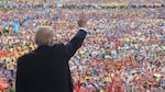 President Trump waves to the crowd after his speech during the National Boy Scout Jamboree in 2017.