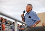 Gary Burke, ceremonial chief and former chairman of the Confederated Tribes of the Umatilla Indian Reservation, addresses cast and crew of the Happy Canyon Night Show. The 110-year-old outdoor pageant depicts Native American life and the arrival of pioneers.