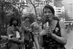 American transgender rights activist Sylvia Rivera speaks during a rally in City Hall Park, in New York City, on May 4, 2001. 
