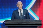 NBA Commissioner Adam Silver speaks during the first round of the NBA basketball draft, Tuesday, June 23, 2026, in New York.