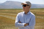 Oregon Water Resources Department Director Tom Byler tours a Harney County hay field on Aug. 27, 2021.