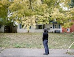 Jon Bair stands in front of his former home in the 3800 block of Southeast 32nd, Sept. 29, 2021. Bair says he was deeply involved in the skinhead world when he lived here, and for several years, it was a big hangout for other members of Skinheads Against Racial Prejudice. Bair had recently moved out of the home when the shooting incident that killed Erik Banks occurred in 1993.