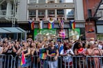 Crowds watch as people take part in the 2025 NYC Pride March on Sunday in New York City.