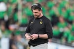 Oregon head coach Dan Lanning reacts during the first half in the quarterfinals of the Rose Bowl against Ohio State, Wednesday, Jan. 1, 2025, in Pasadena, Calif.