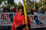 Marchers walk the last three miles from Gurdwara Sahib Sikh Temple to the California state capitol after a journey from Bakersfield to Sacramento on Friday.