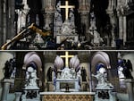 (COMBO) This combination of pictures created on November 29, 2024 shows rubble and the cross at the altar inside the the Notre-Dame Cathedral in Paris a month after it sustained major fire, on May 15, 2019 (TOP), and the tabernacle designed by French artist and designer Guillaume Bardet in the heart of Notre-Dame Cathedral in Paris on November 29, 2024. The Notre-Dame Cathedral is set to re-open early December 2024, with a planned weekend of ceremonies on December 7 and 8, 2024, five years after the 2019 fire which ravaged the world heritage landmark and toppled its spire. Some 250 companies and hundreds of experts were mobilised for the five-year restoration costing hundreds of millions of euros. (Photo by Philippe LOPEZ and STEPHANE DE SAKUTIN / POOL / AFP) / RESTRICTED TO EDITORIAL USE - MANDATORY MENTION OF THE ARTIST UPON PUBLICATION - TO ILLUSTRATE THE EVENT AS SPECIFIED IN THE CAPTION (Photo by PHILIPPE LOPEZSTEPHANE DE SAKUTIN/POOL/AFP via Getty Images)