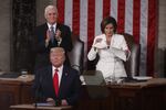 House Speaker Nancy Pelosi, a Democrat from California, right, rips up papers after President Trump, bottom left, delivers a State of the Union address to a joint session of Congress at the U.S. Capitol on Feb. 4.