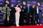 The members of K-Pop band BTS pose in a line on the red carpet.