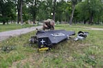 A Ukrainian explosives expert examines parts of a Shahed-136 military drone that fell down following an air-attack in Kharkiv on June 4, 2025, amid the Russian invasion of Ukraine. (Photo by SERGEY BOBOK / AFP via Getty Images)