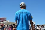 A member of Tsuru for Solidarity leads chants for freedom at the Tule Lake pilgrimage, July 4, 2026.