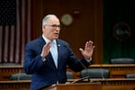 Washington Gov. Jay Inslee speaks during a legislative session preview in the Cherberg Building at the Capitol Thursday, Jan. 4, 2024 in Olympia, Wash. Inslee has ordered the state to figure out new rules for when it kills wolves that repeatedly attack livestock.