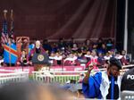 An attendee stands in protest with their back to President Biden as Biden speaks to graduating students at the Morehouse College commencement Sunday in Atlanta.