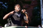 Lyfe Tavarres spoke to a crowd of Portland demonstrators Monday night, June 1. 2020, decrying racial injustice and the death of Minneapolis man George Floyd at the hands of police. 